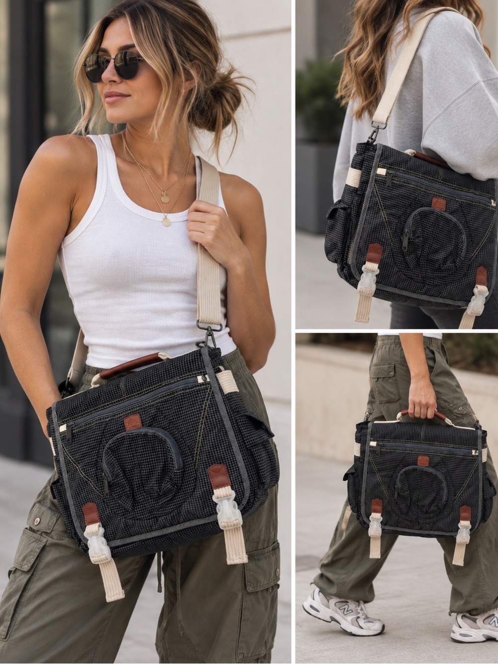 Black Canvas Vintage REI Crossbody Tote Bag with Beige Strap- New!